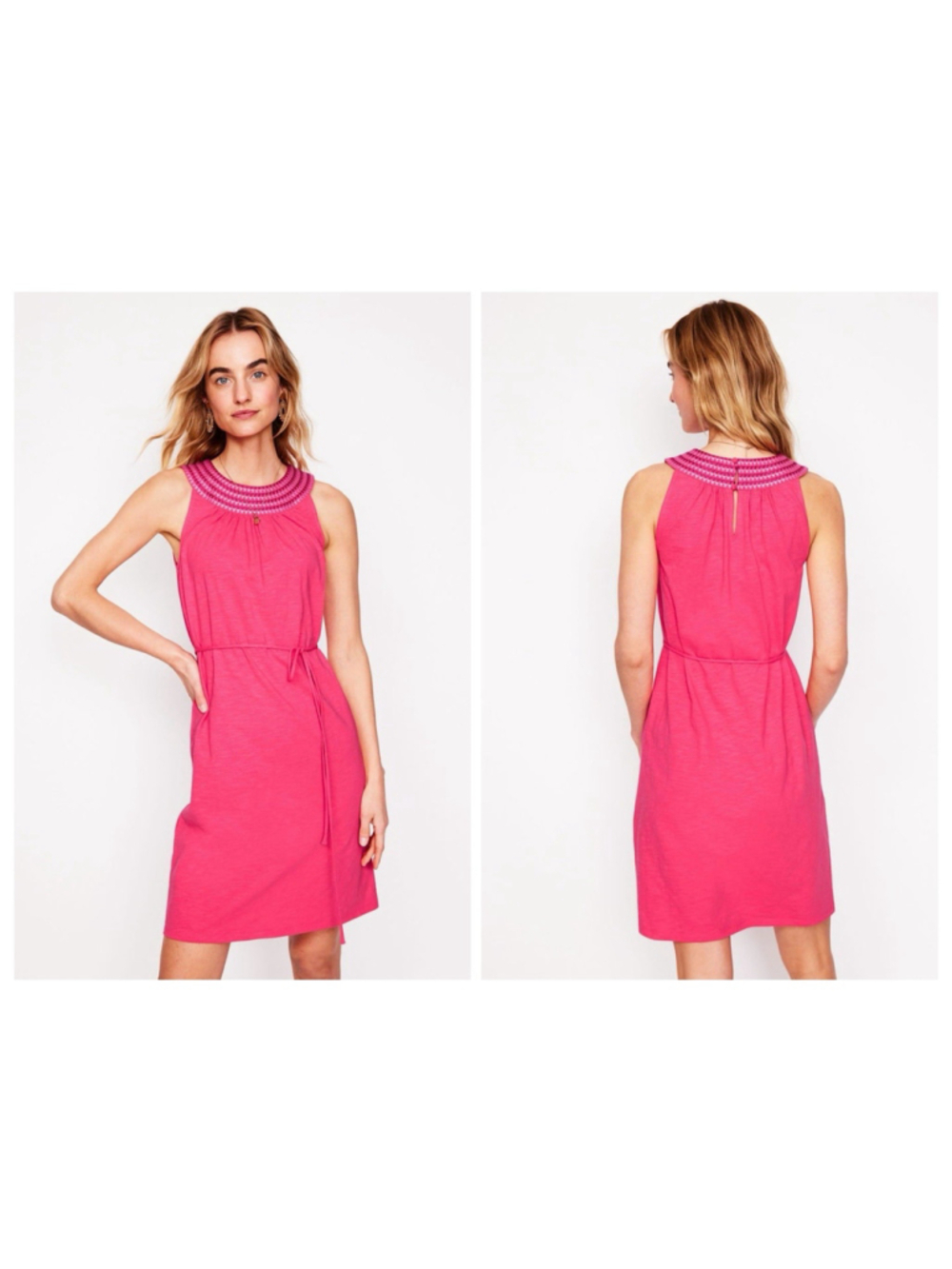 Boden Eleni Pink/Coral Sleeveless Dress Embroidered US 14L Tie Chic Resort